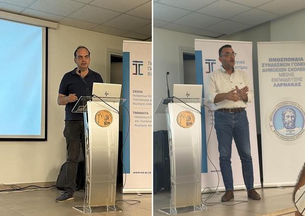 Ο Πρύτανης του ΤΕΠΑΚ, Καθηγητής Παναγιώτης Ζαφείρης (αριστερά), και ο Κοσμήτορας της Σχολής, Καθηγητής Αλέξανδρος Χαραλαμπίδης (δεξιά), κατά τις παρουσιάσεις τους στην ενημερωτική εκδήλωση στη Λάρνακα.